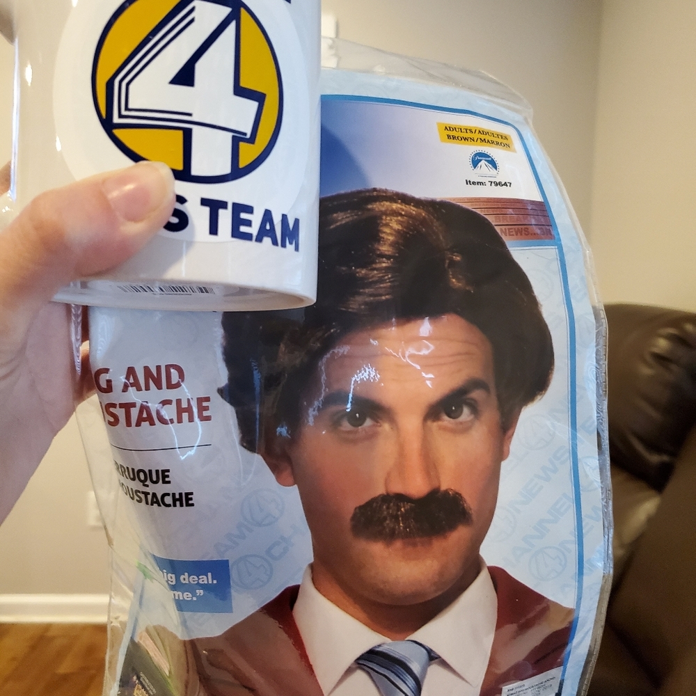 Anchorman Ron Burgundy wig and coffee Mug costume